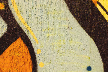 Close-up of abstract graffiti texture in yellow, orange, black with rough wall surface. Urban street style, 90s, Y2K influence. Poster design, digital art, creative banner, background, texture.