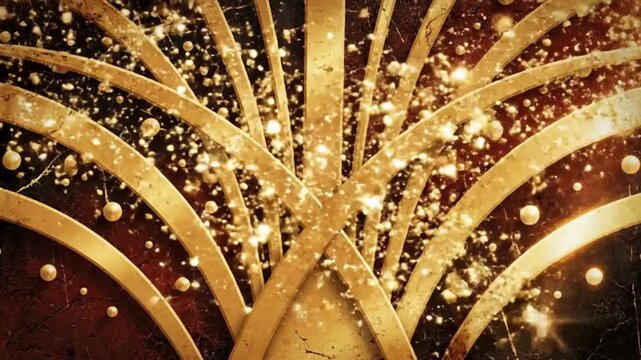 Golden art deco pattern with sparkling particles and radiating lines, evoking a luxurious and festive vintage aesthetic.