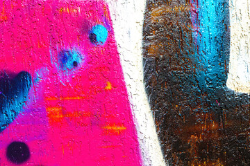 Close-up of urban graffiti texture with bright pink, blue, black colors. 90s, Y2K style, street art, grungy paint on wall. Poster, background, digital art, modern 90s, 2000s, Y2K creative banner. © Aleksandra Konoplya