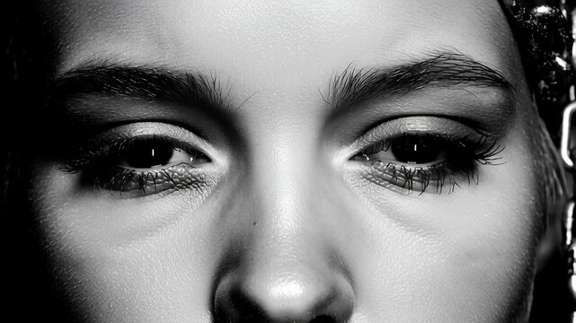 Freedom scene with silhouette breaking chains concept. Close up black and white portrait of a woman with chains around her face expressing emotion and strength