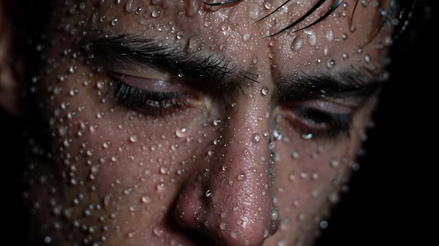 Freedom scene with silhouette breaking chains concept. Close up of a man face covered with water droplets on skin showing intense emotion and texture