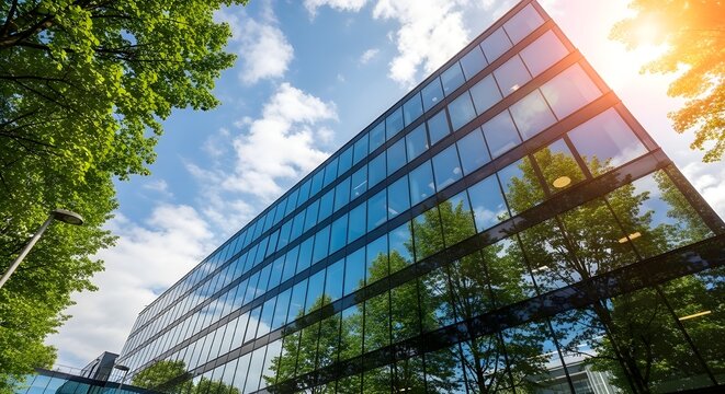 Como ejemplo del concepto ESG (ambiental, social y de gobernanza), la fachada de un edificio corporativo de vidrio refleja &aacute;rboles verdes.
 Importancia de integrar la sostenibilidad en la pr&aacute;ctica emp