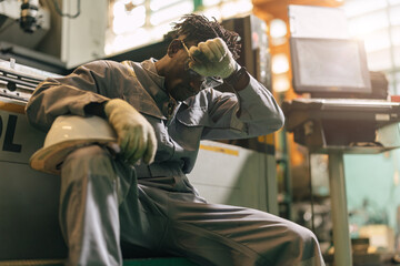 Tired worker man hard working in heavy industry, Engineer labor male fatigue exhausted