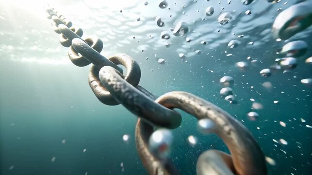Freedom scene with silhouette breaking chains concept. Close up underwater shot of rusty metal chain with air bubbles in clear blue water
