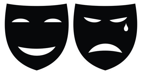 Happy and sad mask in black color. Vector illustration.