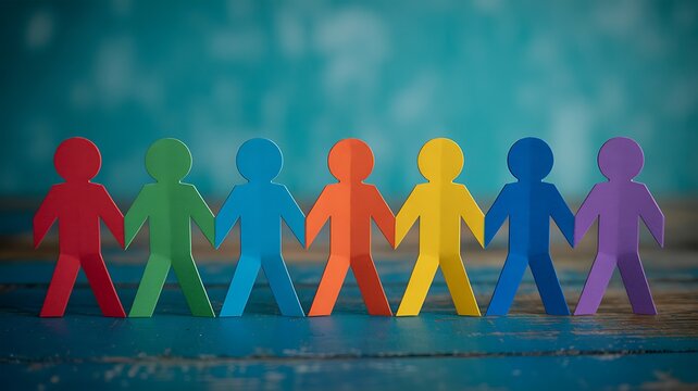 Colorful paper chain people holding hands representing unity diversity and teamwork concept