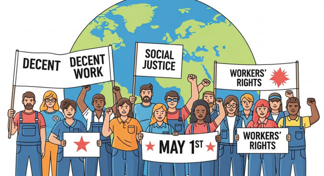 Diverse group of people protesting for social justice workers' rights and decent work on may 1st standing in front of a globe