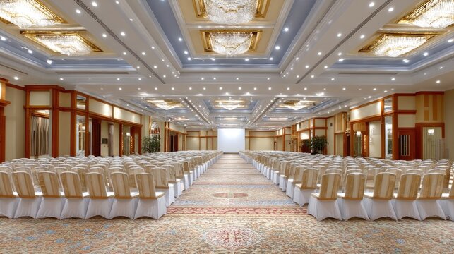 Spacious banquet hall with rows of chairs and elegant lighting for conferences and events