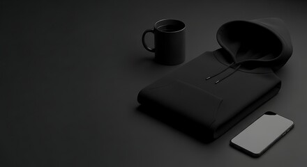 Minimalist Black Aesthetic - Hoodie, Mug, and Smartphone on Dark Surface.