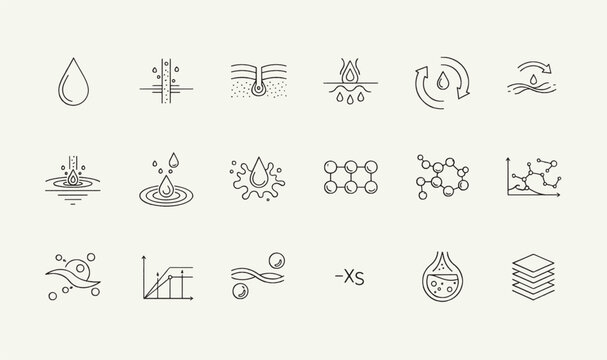Premium Skincare Science  Hydration Icon Pack - 18 Minimalist Line Art Graphics for Dermatology, Molecular Cosmetics, Skin Layers  Beauty UI Assets