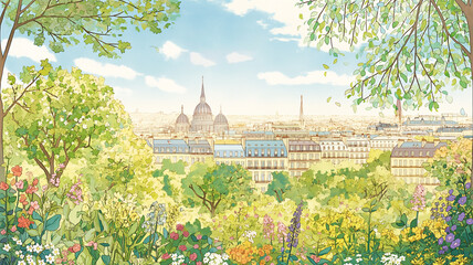 花咲く木々に囲まれた街並みを描く春の水彩イラスト、歴史ある建築と公園風景が調和する都市景観、観光、旅行、散策イメージ、動画背景や広告ビジュアルに使える風景素材
