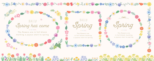 Obraz premium フラットデザインのおしゃれな春の花フレーム _カラフルなボタニカルフラワーリース_チューリップ、桜、葉っぱ等