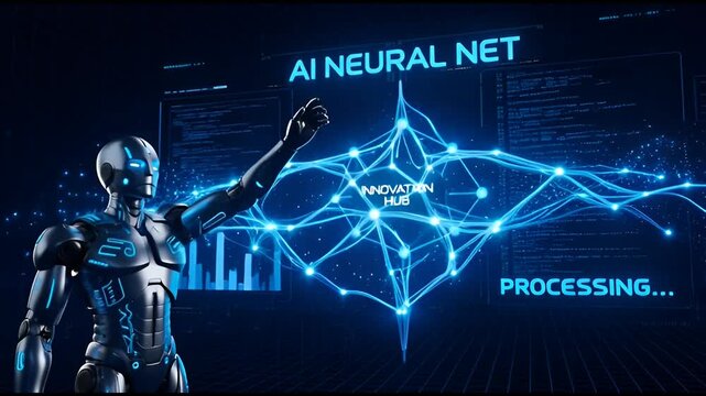 Futuristic artificial intelligence concept illustration featuring humanoid robotic entities integrated with neural network circuits and glowing digital interface panels for tech innovation