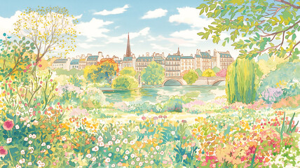 春のヨーロッパ風街並みの水彩イラスト、花咲く木々と歴史的建築が並ぶ都市風景、公園、散歩道、観光地、旅行イメージ、季節感ある背景素材、動画サムネイルや広告制作に最適