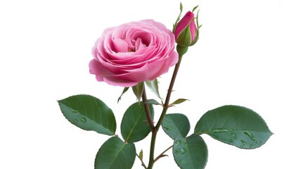 Naklejka premium Pink rose with a bud and green leaves, isolated on white background
