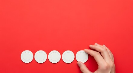 Hand Placing White Circle on Red Background - Concept of Rating and Evaluation.