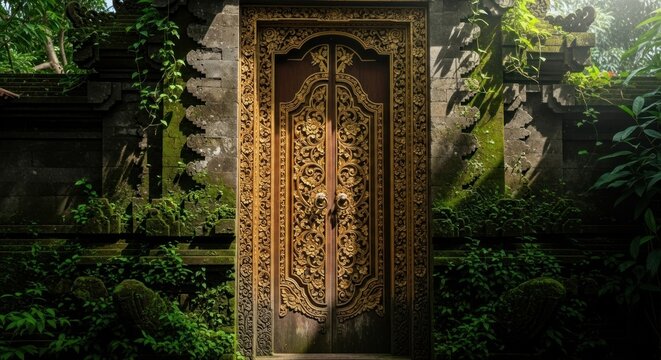 Ornate Golden Temple Doorway in Lush Tropical Jungle