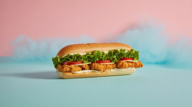 Long fried chicken sandwich with lettuce, tomato, and cheese on a bun, against a pink and blue smoky background.