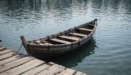 Old wooden boat tied to weathered dock on calm lake water