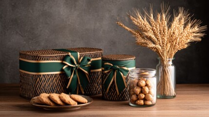 A cozy arrangement of gourmet cookies, decorative baskets, and dried wheat in a warm setting