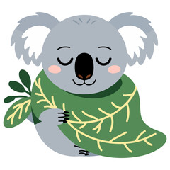 Obraz premium A cute cartoon koala hugging a green leaf with closed eyes, a picture with the sense of peace and tranquility.