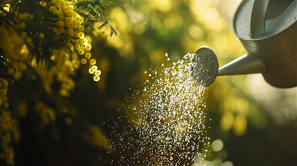 ジョウロでミモザの花に水を撒く様子・春のガーデニングと植物のケア