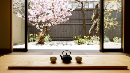 枯山水の庭を望む和室の縁側に置かれた急須と湯呑み・日本の春の休息