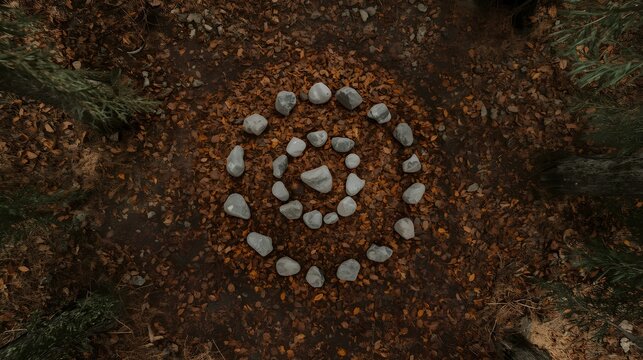 Aerial View of Concentric Stone Circles Arranged on Forest Floor in Autumn