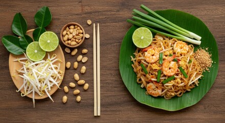 Fototapeta premium Delicious Pad Thai with Shrimp and Fresh Ingredients