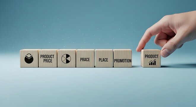 Marketing Mix 4 Ps Concept Illustrated with Wooden Blocks and Hand