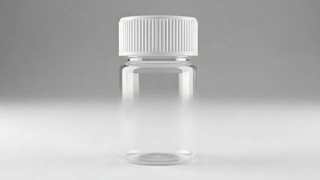 Small Transparent Medicine Bottle with White Child-Proof Cap Isolated on Neutral Background for Pharmaceutical and Healthcare Packaging Mockup
