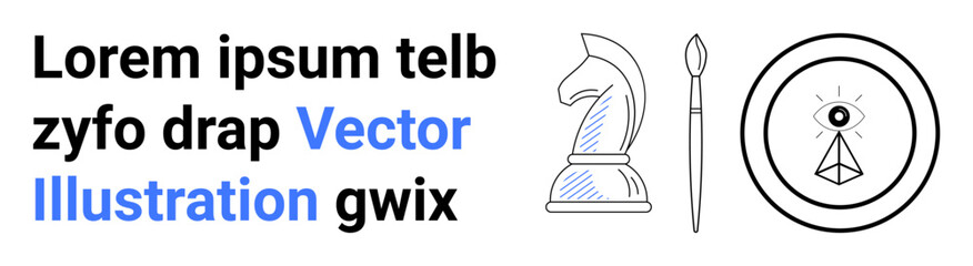 Strategy, creativity, design thinking, vision, innovation, decision-making. Chess knight, paintbrush and all-seeing eye symbols in minimal linear graphic style. Strategy and creativity concept © robu_s