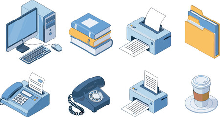Isometric office equipment icon set including desktop computer, printer, fax machine, telephone, books, folder and coffee cup, modern workspace technology illustration isolated on white
