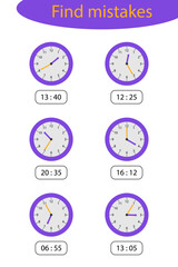 What time is it, find mistakes. game with clocks for children, fun education for kids, educational task for the development of logical thinking, preschool worksheet activity, vector illustration