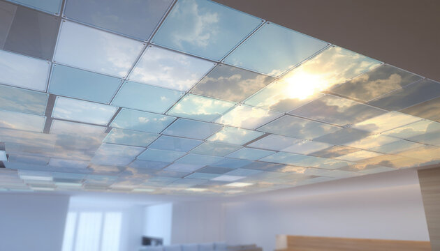 Modern Office Ceiling with SkyThemed LED Light Panels.