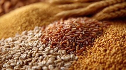 Obraz premium Close-Up View of Various Grains Including Wheat, Barley, and Millet on Natural Background, Showcasing Textures and Colors of Agricultural Harvest