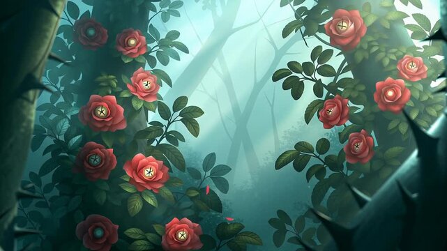 Rose-filled arched forest path with clock concept. Mystical forest scene with thorny branches and glowing red roses surrounded by lush green leaves and fog