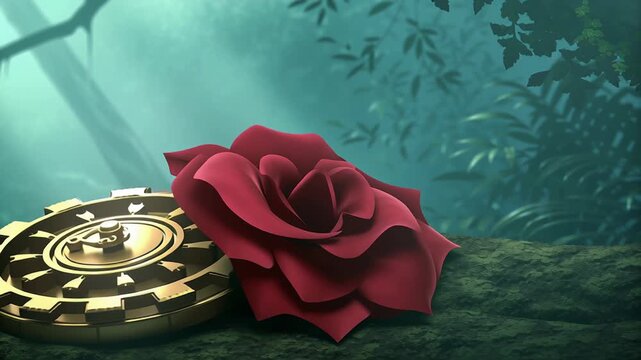 Rose-filled arched forest path with clock concept. Golden compass with red rose on mossy rock in mystical forest nature background