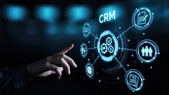 Hand interacting with CRM customer relationship management interface,integrated sales marketing automation system and business data analytics dashboard concept