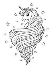 Unicorn coloring page with elegant swirling mane and star pattern background © Crafter