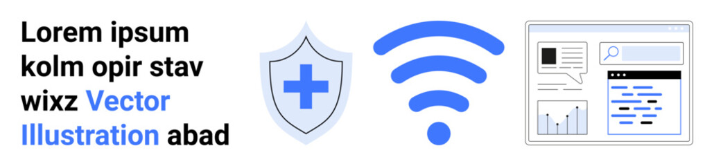 Obraz premium Cybersecurity, data privacy, wireless networks, medical services, internet security, digital tools. Shield with cross, wireless icon and browser window illustration. Cybersecurity and data privacy