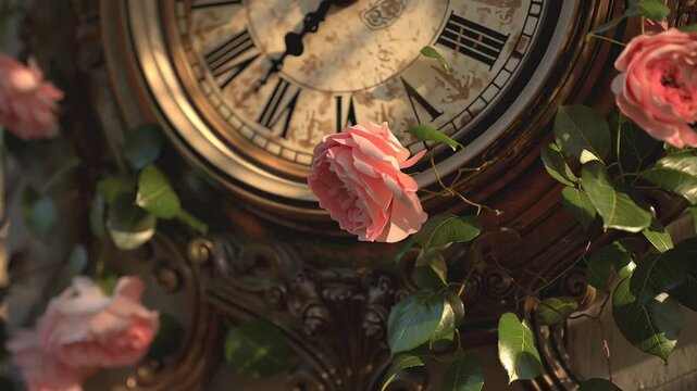 Rose-filled arched forest path with clock concept. Vintage clock with pink roses and green leaves in soft natural light close up