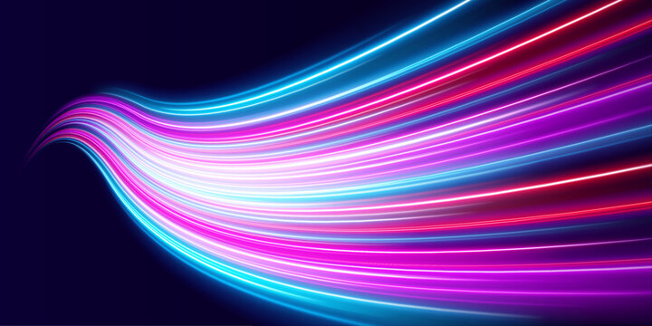 Multicolor streaks pulse with intense luminous energy, forming a radiant path. Smooth motion and glow emphasize velocity and flow. Perfect for futuristic digital visuals. vector