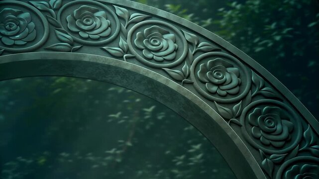 Rose-filled arched forest path with clock concept. Close up of ornate floral carved stone arch in mystical forest with soft natural light
