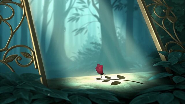 Rose-filled arched forest path with clock concept. Mystical enchanted forest gate with a single red rose on stone path in magical atmosphere