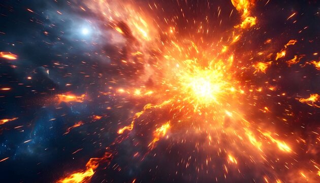 Vibrant orange explosion occurs in deep space with bright light and flames