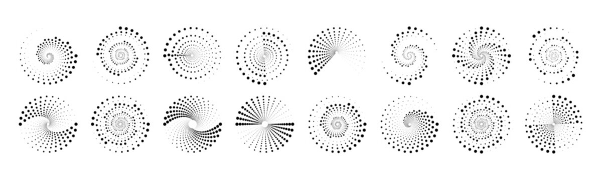 Abstract halftone dotted circles and frames with radial screentone spray texture. Comic style round gradient pattern set. PNG