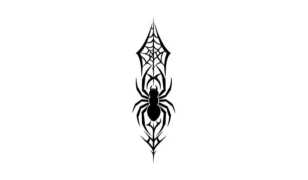 Creepy Spider Descending Web Gothic Tattoo Vector Illustration on White Background