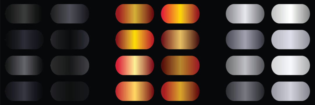 Obsidian Black Glossy Metallic Palette UI Swatch Collection with Crimson Gold and Titanium Steel Gradients.