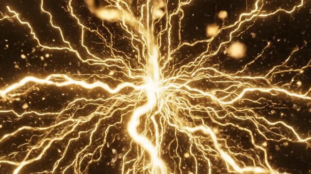 Bright yellow lightning bolts radiating from a central point against a dark background with scattered particles and a white band at the bottom.